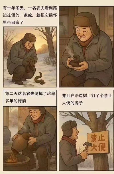 这是一组改编自经典寓言《农夫与蛇》的四格恶搞卡通漫画：
1. 冬天里，农夫在路边看到一坨冻硬的大便，错把它当成冻僵的蛇，贴心地把它揣进怀里带回家；
2. 农夫坐在屋里，双手捧着这坨“蛇”给它取暖；
3. 第二天，农夫发现真相后，倒掉了被这坨“蛇”污染的珍藏多年的好酒；
4. 最后农夫在路边树上钉了一块“禁止大便”的牌子。
该梗图通过将大便误会成蛇的荒诞设定，对经典寓言进行无厘头解构，用低俗又反转的剧情制造喜剧效果。