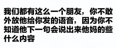 这是一张纯文字梗图，白色背景上用黑色粗体字写着：“我们都有这么一个朋友，你不敢外放他给你发的语音，因为你不知道他下一句会说出来他妈的些什么内容”。内容幽默地描绘了生活中常见的场景——拥有一个说话风格大胆、可能突然爆粗口的朋友，导致其语音消息不敢在公共场合外放的尴尬又好笑的经历，容易引发网友共鸣。