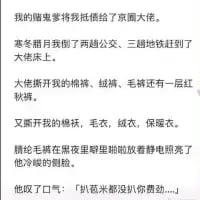 这是一段纯文字的搞笑网文内容，讲述了“我”的谢侯爷被抵给京圈大佬后，“我”在寒冬腊月辗转乘坐两趟公交、三趟地铁赶到大佬的床上，大佬帮“我”解开棉裤、绒裤、毛裤、红秋裤，又翻开棉袄、毛衣、绒衣、深绿衣，过程中腈纶毛裤的静电还照亮了大佬的冷峻侧脸，最后大佬无奈叹气吐槽“扒苞米都没扒你费劲”，用夸张的多层冬季衣物设定制造出强烈的反差感，充满了接地气的戏谑幽默。