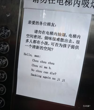这是一张拍摄于高层居民楼电梯内的照片，内容是住户张贴的抗议吸烟告示：告示上半部分的中文内容礼貌呼吁所有乘坐电梯的住户，不要在密闭的电梯内吸烟，希望吸烟者为孩子留出清新的空气；而下半部分标注为英文的内容，实际是用英文字母谐音拼写中文脏话，宣泄对屡次在电梯内吸烟的人的不满。图片左侧可见电梯的楼层按键，依次显示32、29、26、23等楼层，告示上方还露出了另一张禁止吸烟告示的部分文字，图片右下角有小字“生命論？”。