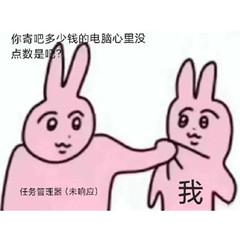 这是一张二次创作的粉色兔子梗图，左侧标注为「任务管理器(未响应)」的粉色兔子，伸手揪住右侧标注为「我」的粉色兔子的脸，图上方配文「你寄吧多少钱的电脑心里没点数是吧」，用幽默夸张的方式吐槽电脑配置过低，导致任务管理器都陷入未响应的卡顿状态，精准戳中使用老旧电脑时的烦躁与无奈情绪，其中「寄吧」是谐音梗，用来加强吐槽的语气。