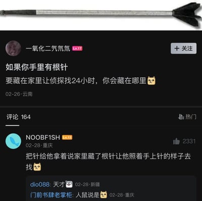 这是一张社交媒体帖子截图，顶部展示了一根长针状物品，楼主“一氧化二氘氘氘”发帖提问：“如果你手里有根针，要藏在家里让侦探找24小时，你会藏在哪里😺”。热门评论区中用户“NOOBF1SH”给出了脑洞清奇的回复：“把针给他拿着说家里藏了根针让他照着手上针的样子去找😺”，另有其他用户评论“天才”“人鼠说是”附和。该回复利用逻辑陷阱，将针直接交到侦探手中，让侦探陷入寻找‘另一根针’的误区，笑点十足。
