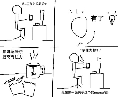 这是一幅四格手绘黑白涂鸦漫画，以简约的火柴人作为主角，描绘了职场打工人关于提升专注力的搞笑反向循环：第一格中，火柴人坐在电脑前，表现出工作时分心的苦恼状态，配文“嗯...工作时总是分心”；第二格中，火柴人灵光一闪，头顶旁出现代表灵感的灯泡图标，配文“有了”，呈现出想到解决办法的兴奋；第三格展示了他想到的“提升专注妙招”：一杯泡着两个绿茶包的咖啡，旁边放着拆开的咖啡包，配文“咖啡配绿茶 提高专注力”，是试图通过混搭含咖啡因的饮品来提升专注的思路；第四格中，火柴人看似专注地操作着设备，标注“*专注力提升*”，但配文“现在做一张关于这个的meme吧！”揭示了真相——所谓的专注力提升，只是用来创作这个场景的meme，形成了“为提升专注想办法，结果专注后却分心做meme”的搞笑闭环，讽刺了职场中看似自救实则摸鱼的状态。
