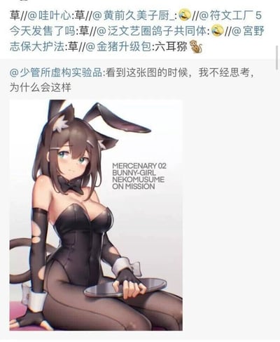 这是一张国内社交平台的截图内容，顶部是多位用户的互动评论区：用户“少管所虚构实验品”发布了一张二次元插画并配文“看到这张图的时候，我不经思考，为什么会这样”，被@的多位用户以网络热词“草”回复，表达吐槽、疑惑的情绪，还有用户回复“六耳猕🐒”调侃角色的混合特征；下方的核心插画是一个原创二次元女性角色，她同时拥有猫耳、猫尾和兔耳，身着黑色紧身兔女郎制服，搭配带有破洞设计的长手套，以跪坐姿态手持托盘，插画右侧的英文文字标注为“MERCENARY 02 BUNNY-GIRL NEKOMUSUME ON MISSION”，意为“佣兵02 兔女郎猫娘 执行任务中”，该角色融合了猫娘与兔娘两种常见的二次元萌系元素，打破了单一的萌系设定，这正是引发网友疑惑和讨论的核心原因。