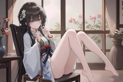 图中是一位留着深色长直发、发间点缀白色小花发饰的二次元少女，她身着带有蓝白花纹的改良式和服，坐在中式深色木椅上，双腿随意地搭在椅面，赤着双脚，脸上带着俏皮的笑意，双手扯着衣领，姿态放松慵懒。背景是带有中式窗棂的房间，窗外能看到粉嫩的花枝，室内左侧摆放着中式小方桌，桌上有深色瓷瓶与白色茶杯，瓷瓶里插着红白色花朵，整体画面色调柔和，营造出温馨雅致的国风氛围，没有双关、谐音梗或暗示类内容。