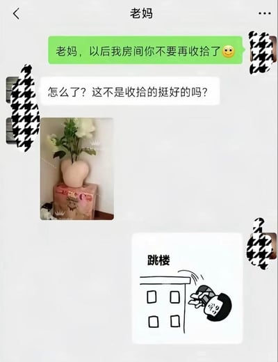 这是一张微信聊天记录截图，聊天双方为子女和其母亲，双方头像都做了千鸟格图案的马赛克处理。子女首先发消息告知母亲今后不要再收拾自己的房间，母亲对此感到疑惑，询问原因的同时发送了一张自己收拾后的照片，照片里母亲将子女的臀部造型私密物品误以为是花瓶，在里面插了花摆放在纸箱上，子女看到后十分崩溃，发送了一张配文“跳楼”的卡通人物跳楼表情包，表达自己社死到绝望的心情。