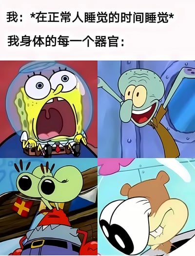 这是一张四格拼接的海绵宝宝系列梗图，上方配有文字“我：*在正常人睡觉的时间睡觉* 我身体的每一个器官：”。四格图分别展示了四个海绵宝宝角色的夸张反应：左上角是海绵宝宝瞪大双眼、张大嘴巴的震惊表情；右上角是章鱼哥举起双手、咧嘴大笑的兴奋模样；左下角是痞老板瞪大双眼、表情狂热的样子；右下角是泡泡先生捂嘴偷笑的表情。图片通过角色们夸张的反应，幽默地表现了当一个人尝试在正常时间睡觉时，身体各个器官却异常兴奋、无法安静下来的有趣现象。