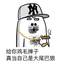 图片中是一个卡通形象，头部呈圆形，戴着一顶白色的纽约洋基队（NY标志）棒球帽，面部为黑色，嘴巴张开，表情略带得意。它右手拿着一把鸡毛掸子，掸子上有少许羽毛散落，旁边有几缕类似灰尘的线条。卡通形象下方配有文字：“给你鸡毛掸子 真当自己是大尾巴狼”。其中“大尾巴狼”是中国网络俚语，指装作很厉害、傲慢自大的人，整体表达对这种行为的嘲讽和调侃。