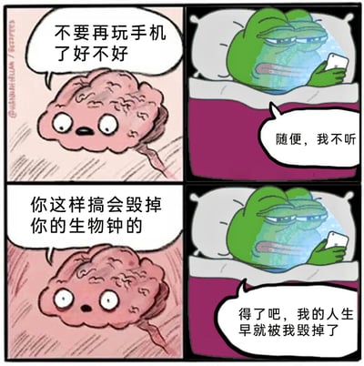 这是一幅四格连环漫画，用幽默又扎心的方式描绘了当代年轻人熬夜玩手机的摆烂状态：第一格中，拟人化的大脑带着焦急的表情，对躺在床上玩手机的悲伤蛙劝说“不要再玩手机了好不好”；第二格中，悲伤蛙一脸麻木，冷漠回应“随便，我不听”；第三格中，大脑的神情更加焦急，严肃警告“你这样搞会毁掉你的生物钟的”；第四格中，悲伤蛙依旧麻木地盯着手机，摆烂式回应“得了吧，我的人生早就被我毁掉了”，精准戳中了部分年轻人对生活失去动力、放纵自我的情绪共鸣。