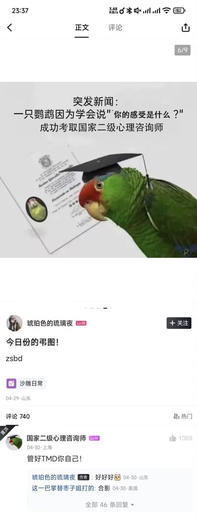 这是一张网络搞笑梗图，标题模仿新闻报道，内容称一只鹦鹉因为学会说“你的感受是什么？”成功考取国家二级心理咨询师资格证。图中鹦鹉头戴学士帽，旁边有毕业证书的合成图片，明显以拟人幽默展现宠物鹦鹉“专业化”咨询师的一面。在沙雕评论区，网友继承这种幽默风格，甚至有名为“国家二级心理咨询师”的账号进行搞笑互动。这张图属于典型的‘无厘头’幽默，适合表达无语、调侃专业泛滥或者发“今日份的沙雕图”。

**暗示/双关**：将“机械式重复心理咨询术语”进行恶搞，嘲笑部分咨询师套路化的提问，谐音梗和双关不明显，主要是拟人&情境幽默。