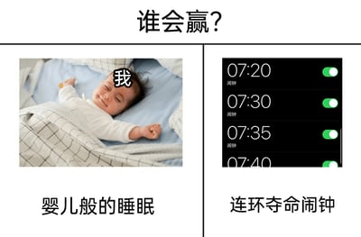 这是一张左右对比的静态图文混排梗图，顶部用醒目的文字提出问题“谁会赢？”，将两种场景进行趣味对决。左侧展示了一名躺在床上的婴儿，婴儿神情满足，盖着被子睡得十分安稳，在婴儿额头位置用文字标注了“我”，下方配文“婴儿般的睡眠”，用来调侃自己睡得像婴儿一样深沉，难以被叫醒；右侧是手机闹钟设置界面的截图，界面上显示了07:20、07:30、07:35、07:40四个连续设置且全部处于开启状态的闹钟，下方配文“连环夺命闹钟”，代表着为了起床设置的密集叫醒手段。这张图用幽默的方式还原了很多有起床困难症的人的日常，对比出沉睡的深度和闹钟的“攻势”，实际上通常是连环夺命闹钟会最终叫醒沉睡的人，精准戳中了当代人尤其是上班族起床困难的痛点，容易引发广泛共鸣。