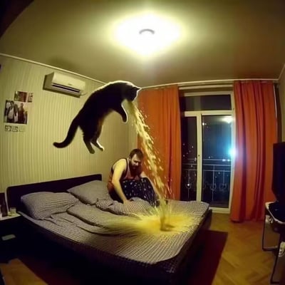这是一张经过P图改编的合成搞笑图片，场景位于一间卧室：一只黑猫悬浮在半空中，正对着床铺喷出大量黄色液体，液体溅落在床铺上形成明显湿痕；床上的男子坐在床边，低头看向被溅到的床铺，神情流露无奈。画面通过图像合成制造出猫咪像喷泉一样喷射液体的荒诞滑稽场景，充满恶搞趣味，无谐音梗或双关含义。