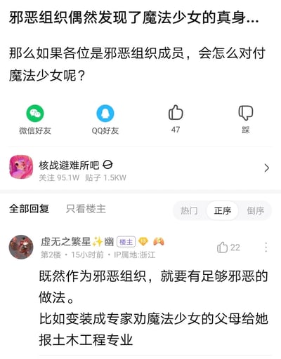这是百度贴吧「核战避难所吧」的一则脑洞帖子，楼主发起提问：“如果作为邪恶组织成员，发现魔法少女真身后会怎么对付她”，楼主的回复玩了一个职场梗——提出变装成专家劝说魔法少女的父母，让她报考土木工程专业，用“土木专业的高强度、高压力工作”来调侃这是“邪恶的做法”，将“魔法少女的战斗设定”和“土木劝退的职场现实”结合，制造出荒诞搞笑的反差效果，这条回复获得了22个点赞。