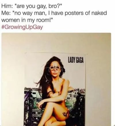 这张梗图上方是一段英文对话：“他：‘你是gay吗，兄弟？’ 我：‘不可能，我房间里有裸女海报！’”，下方配有#GrowingUpGay标签。图片部分是一张Lady Gaga的海报，她坐在电子元件背景前，姿态放松。整图通过对话与海报的反差制造幽默效果，呼应#GrowingUpGay主题，讽刺试图通过特定物品证明性取向的行为。
