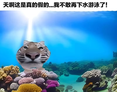 图片展示了一个幽默的P图场景，将老虎的头部嫁接到水下环境中，周围是色彩斑斓的珊瑚礁和清澈的海水，阳光从水面照射下来形成光束效果。图片上方配有文字“天啊这是真的假的...我不敢再下水游泳了！”，营造出一种惊讶和恐惧的幽默效果，暗示水下出现老虎这种反常现象让人不敢游泳。
