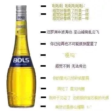 这是一张单图形式的图文混排静态图，左侧展示了一瓶黄色的波士（BOLS）香蕉味利口酒，瓶身清晰印有品牌标识，酒液呈通透的黄色；右侧以黑色短横线为引导，排列着一段段伤感文艺风格的文字，内容模拟了醉酒后的恍惚状态与失落惆怅的情绪，重复提及“感觉好像喝了烈酒一样”，搭配“抓不到星星”“星光碎成星屑”等带有浪漫失落感的语句，用酒的意象烘托出浓烈的情绪氛围，整体画面将酒类实物与情绪化文字结合，传递出惆怅的文艺感。