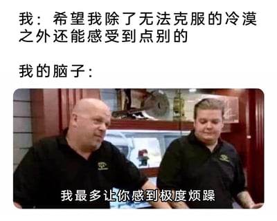 这是一张图文混排的自嘲梗图，上方以第一人称文字表达了希望摆脱冷漠、拥有更多情绪体验的诉求：“希望我除了无法克服的冷漠之外还能感受到点别的”；下方是美剧《典当之星》的角色截图，配文以“我的脑子”的视角回应：“我最多让你感到极度烦躁”，通过这种对话形式，精准自嘲了当代人在情绪上的无奈困境——无法拥有丰富的正向情绪，只能在麻木冷漠和烦躁之间切换，引发共鸣。
