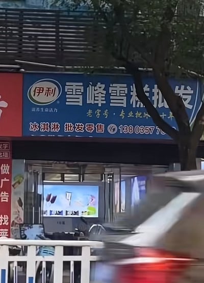 这是一张街头实拍的竖版照片，画面主体是一家雪糕批发店的蓝色门头招牌，招牌左侧带有伊利品牌的logo和“滋养生命活力”的品牌slogan，主文字为白色的“雪峰雪糕批发”，其下方原本是黄色字体的“老字号·专业制冷十年”，但由于招牌前方的行道树枝干遮挡，“制冷”二字的部分结构被挡住，视觉上看起来如同“专业视冰”，形成意外的趣味效果；招牌下方还标注有红色字体的“冰淇淋 批发零售”以及联系电话，店铺左侧悬挂有红色竖幅，上面写有“做广告找”等广告相关字样，店铺内部的电子屏上展示着多款雪糕的产品图，画面右下角有动态模糊的物体，应为路过的车辆，画面下方还能看到白色的道路护栏。