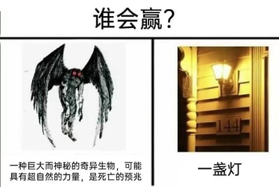 这是一张左右分栏的静态对比梗图，顶部用醒目的大字提出“谁会赢？”的问题，构建出一场荒诞的对决场景。左侧展示的是来自欧美都市传说的天蛾人，它有着巨大的黑色翅膀、红色的诡异眼睛，形象怪异可怖，配文介绍其为“一种巨大而神秘的奇异生物，可能具有超自然的力量，是死亡的预兆”；右侧则是安装在门牌号为144的建筑外墙上的一盏普通壁灯，仅简单标注“一盏灯”。这张图的核心趣味点在于运用了中文谐音梗，门牌号“144”谐音“一世”，“灯”谐音“等”，组合起来是“一世等（灯）”，与天蛾人代表的“死亡（四）”形成无厘头的关联，将看似实力悬殊、完全不相关的两者放在一起对决，制造出强烈的反差感和荒诞的搞笑效果，属于网络上流行的趣味恶搞内容。