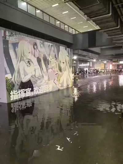 这是一张线下展会的实拍图，场馆内部地面因大量积水被淹没，水位接近成年人小腿高度。画面左侧立有手游《碧蓝航线》的大型宣传广告牌，上面印有多个该游戏的二次元女性角色，底部印着宣传语“指挥官，欢迎回港”。广告牌下半部分已被积水淹没，角色和文字在水面形成清晰倒影，场馆远处的未积水区域聚集着大量参会人群。原本属于游戏设定的“回港”宣传语，和现场被水淹没的场景形成极具巧合的戏剧效果，仿佛真的需要“指挥官”蹚水进入“港区”，充满趣味性。
