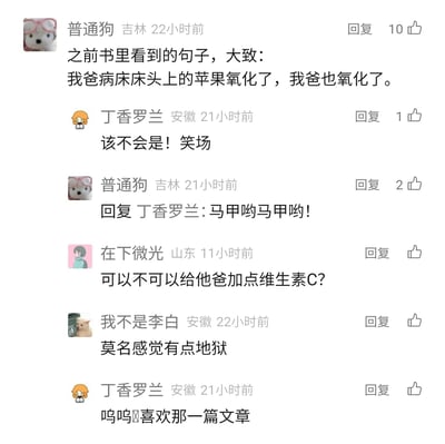 这是一段竖屏格式的社交媒体评论区静态截图，来自不同地区的网友围绕书籍中的句子展开互动。用户“普通狗”分享了一句带有黑色幽默的句子：“我爸病床床头上的苹果氧化了，我爸也氧化了”，用苹果氧化变质的现象隐喻父亲的离世，将伤感的情绪用含蓄又荒诞的方式表达。用户“丁香罗兰”立刻认出该句子出自李诞的《笑场》，得到“普通狗”的确认。随后网友“在下微光”用调侃的语气提出“可以不可以给他爸加点维生素C?”，利用维生素C能延缓苹果氧化的常识，制造出反差感的玩笑，消解了句子的沉重感；用户“我不是李白”则评价这个句子和互动“莫名感觉有点地狱”，点出其中黑色幽默的特质，“丁香罗兰”也表达了对《笑场》中对应篇章的喜爱。整个评论区既有对文学作品的讨论，也有网友间的趣味调侃，氛围轻松又带有对书中内容的共鸣。