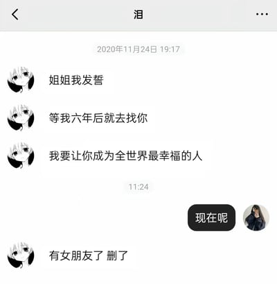 这是一张社交软件的聊天记录截图，聊天窗口标题为“泪”。2020年11月24日19:17，使用二次元白发少年头像的用户连续发送三条消息，向对方许下承诺，表示自己六年后会去找对方，要让对方成为全世界最幸福的人。到了六年之后的11:24，使用真人女生自拍头像的对方向其询问“现在呢”，该二次元头像的用户回复称“有女朋友了 删了”，前后内容的巨大反差充满荒诞感和戏剧性，体现了年少承诺的易碎。