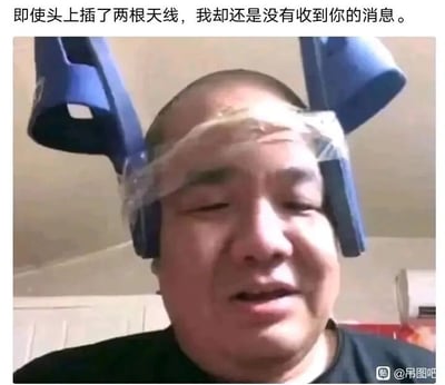 这是一张文字加注的照片改图，属于静态单图。画面主体是一位真人男性，他用透明胶带将两个蓝色的类似拖鞋的物品固定在头顶，模仿出天线的造型，男子的神情委屈又失落，带着惆怅感。图片上方配有文字“即使头上插了两根天线，我却还是没有收到你的消息”，用夸张、搞笑的方式，将等待他人消息的心情具象化，把自己比作需要接收信号的设备，自嘲式地表达了迟迟等不到回复的失落与焦急，适合在社交聊天中用来抒发等待消息落空的情绪。