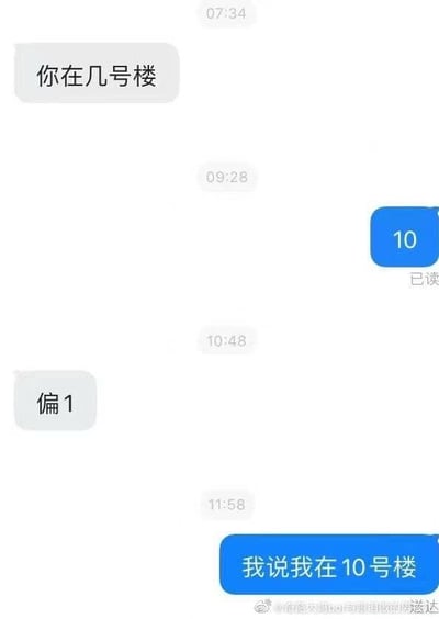 这是一张竖屏手机格式的聊天记录静态截图，记录了一段充满乌龙的对话。对话起始于一方在7:34询问对方所在的楼号，另一方在9:28回复数字"10"，消息显示已读；随后询问方在10:48回复"偏1"，让回复方感到困惑，于是在11:58再次强调"我说我在10号楼"。这段对话的笑点在于双方对楼号的表述产生了误解，询问方可能将"10"误看或误理解为"偏1"，从而引发了这场有趣的沟通乌龙，让人忍俊不禁。