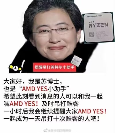 这是一张电脑硬件圈的搞笑梗图，将人物面部与AMD Ryzen 9 3900X处理器合成在一起，配合幽默文案扮演“AMD YES小助手”，夸张地号召大家一起“吊打英特尔”。图中红色标语“提醒吊打英特尔小助手”和下方大段文字形成强烈的视觉冲击，体现了AMD粉丝对英特尔的调侃式竞争心态。