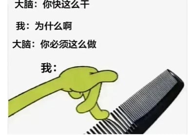 图片为一张图文混排的卡通梗图，上方是三行对话文字：“大脑：你快这么干”“我：为什么啊”“大脑：你必须这么做”，最下方“我：”旁边配有一只绿色的卡通手，手指正指向一把黑色的梳子。整体通过拟人化的“大脑”与“我”的对话，幽默展现了内心指令与实际困惑行为的反差，画面简洁有趣。