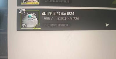 游戏界面截图中显示一个玩家的尴尬瞬间，其游戏ID设置为"四川男同加我#1825"，并附带文字"完蛋了，这游戏不给改名"，展现了因无法修改不当游戏名称而产生的搞笑窘境。玩家头像为一只戴着蓝色眼镜的卡通熊猫形象，等级27级，11小时9分钟前在线。