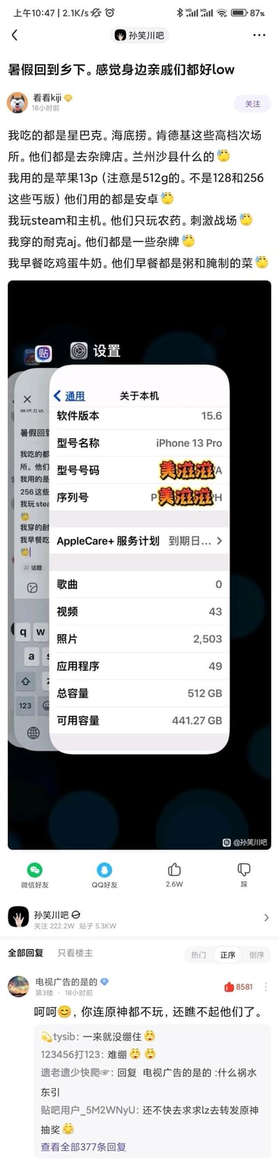 图片为社交媒体帖子截图，内容是一名用户暑假回到乡下后，优越感十足地吐槽身边亲戚“太low”。帖子中炫耀自己常去星巴克、海底捞等“高档场所”，使用512GB的iPhone 13 Pro（特意强调不是128/256GB“垃圾”版本），玩Steam和主机游戏，穿耐克阿迪；而贬低亲戚们去夜排档、吃兰州拉面/沙县小吃，用安卓手机（称小米为“安卓”），玩《王者荣耀》（农药）和《和平精英》（刺激战场），早餐吃粥和剩菜。截图下方还附带了一张iPhone设置页面的截图，显示设备为iPhone 13 Pro，部分信息被模糊处理。
