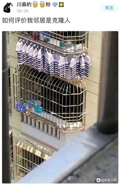 社交媒体用户发布的图文内容，标题为“如何评价我邻居是克隆人”，配图为居民楼阳台照片。照片中上层阳台整齐悬挂着多件款式、颜色完全相同的蓝白条纹衫，下层为装有物品的金属防护网结构，通过大量 identical 衣物制造“邻居是克隆人”的幽默联想，引发调侃效果。