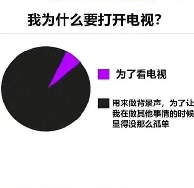 一张吐槽现代人打开电视动机的梗图，顶部大字标题写着“我为什么要打开电视？”，下方是一个饼图。紫色小扇形代表“为了看电视”，而占比绝大多数的黑色扇形则标注“用来做背景声，为了让我在做其他事情的时候显得没那么孤单”，用夸张的比例对比幽默地展现了很多人开电视并非为了观看内容，而是寻求陪伴感的现象。