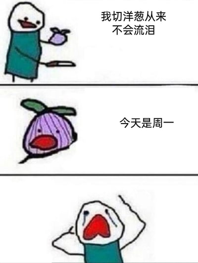 这是一幅三格连环卡通漫画，第一格中，穿着绿色衣服的卡通人手持洋葱与刀具，配文“我切洋葱从来不会流泪”，神态自信得意；第二格是拟人化的洋葱形象，配文“今天是周一”，仿佛在宣告一个“噩耗”；第三格中，原本自信的卡通人崩溃大哭，抬手捂脸，形象地表现出周一带来的精神打击比切洋葱更让人痛苦。漫画通过这种反差感，精准戳中了大众对周一工作日的抗拒与无奈，引发强烈共鸣，是对“周一综合症”的幽默吐槽。
