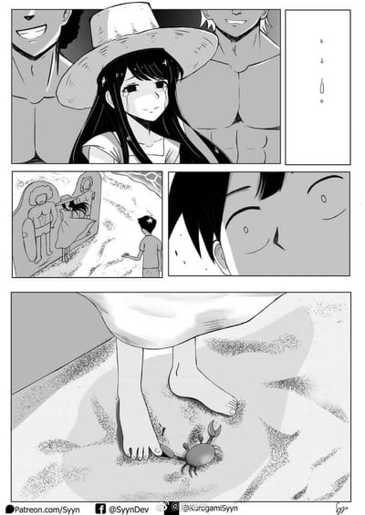 这是一幅黑白漫画，描绘了海滩上的场景。第一格中，一位戴着宽边草帽的长发女孩站在两位赤裸上身的肌肉男中间，脸上带着害羞的表情并流着汗。第二格是一个特写的流汗表情符号，表示紧张或尴尬。第三格显示一个男孩站在远处，看着女孩和肌肉男们。第四格是其中一位肌肉男的面部特写，他闭着眼睛，嘴角上扬，露出微笑。第五格是女孩的脚部特写，一只小螃蟹正在触碰她的脚趾。