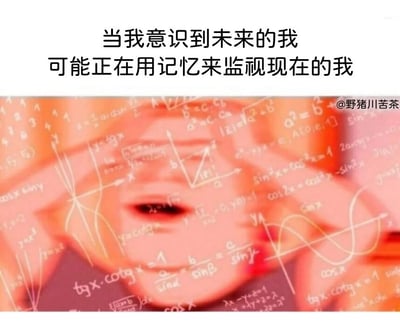 这是一张脑洞类搞笑梗图，上方配有文字“当我意识到未来的我可能正在用记忆来监视现在的我”，下方是一张卡通人物的面部图，人物的脸被大量复杂的数学公式完全覆盖，人物大张嘴巴，呈现出惊恐、崩溃的神态。这张图用夸张的方式，将“突然想到未来的自己会通过回忆审视现在的自己”这种脑洞想法带来的慌乱、焦虑情绪具象化，用被繁杂公式淹没的画面来表现脑子一团乱、极度紧张的状态，很容易引发网友共鸣，尤其是那些会对当下行为产生“未来会不会后悔”这类想法的人群。