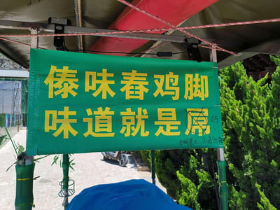这是一张户外景区小吃摊的实拍图，绿色招牌上用黄色大字写着“傣味舂鸡脚”，原本的宣传语“味道就是屌”里的粗俗字眼“屌”被人用黑笔圈掉，旁边手写了“好”，下方还补充了“文明景区，从我做起”的提示语，把原本接地气但不文明的宣传语改成了文明表述，充满生活趣味。
