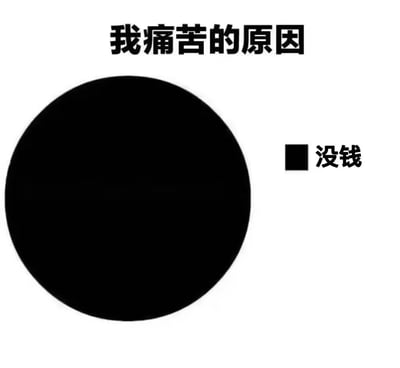 一张黑白极简风格的梗图，上方有文字“我痛苦的原因”，下方左侧是一个占据大部分画面的黑色圆形，右侧有一个小的黑色方形和文字“没钱”。通过大小对比幽默地表达了“没钱是痛苦的主要原因”这一观点。