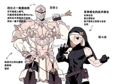 这是一张原创二次元角色设定图，画面呈现了两个风格反差强烈的搭档角色：左侧是身着华丽浅色盔甲的圣骑士，右侧是穿着黑色格斗修女服、肌肉线条明显的武术修女（格斗家），两人被一条链子连接在一起。图中用文字详细标注了两个角色的趣味设定：圣骑士拥有四分之一魅魔血统，无法吸人精气却经常亢奋，成年后才知晓血统并抗拒，他的体液能净化魔物，却是路痴，在队伍里担任奶妈；右侧的武术修女来自军事修会，身为格斗家的她非常社恐，是队伍的主要输出，连接两人的链子是为了防止路痴的圣骑士走丢，同时标注她是女同。角色设定充满反差感，比如圣骑士身为奶妈却带着魅魔血统的尴尬设定，社恐修女却是暴力输出还得看管路痴队友，形成了搞笑的反差萌效果。