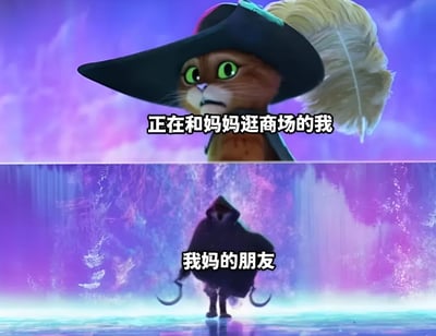 这是一张上下对比的搞笑梗图，上方是《穿靴子的猫》中的猫海盗角色，表情惊讶担忧，配文“正在和妈妈逛商场的我”；下方是一个神秘的黑影角色，配文“我妈的朋友”。通过夸张的视觉对比，幽默地表现了年轻人遇到家长朋友时的紧张和无奈心情。
