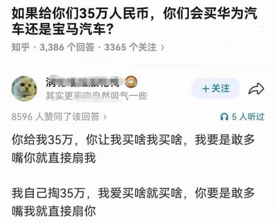 这是一张知乎问答的竖屏截图，提问内容为「如果给你们35万人民币，你们会买华为汽车还是宝马汽车？」。一位用户以猫咪表情包为头像，发布了一条高赞回答，回答开头有被打码的「其实更喜欢自然吸气一些」，核心内容用两段反差感极强的话调侃了消费话语权的现实：「你给我35万，你让我买啥我买啥，我要是敢多嘴你就直接扇我」「我自己掏35万，我爱买啥就买啥，你要是敢多嘴我就直接扇你」，精准戳中出钱方不同、决策自由天差地别的现实，搭配无奈的猫咪头像，让回答更具幽默效果。