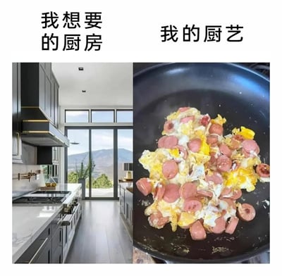 这是一张左右分栏的对比图，左侧呈现的是一间装修精致的高端现代化厨房，整体采用深灰与白色的轻奢风格，配备专业厨具，拥有超大落地窗，窗外是开阔的山景，是多数人向往的理想厨房环境；右侧则是一锅卖相糟糕的香肠炒蛋，鸡蛋和香肠炒制得形态凌乱，锅边还有糊底的痕迹，代表着自己真实的厨艺水平。通过理想厨房与现实厨艺的强烈反差，幽默地调侃了理想和现实的差距，精准戳中不少人向往精致厨房但厨艺不佳的生活痛点，引发共鸣。
