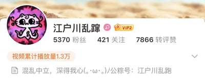 社交媒体个人主页截图，显示用户“江户川乱蹿”的账号信息：VIP2等级，5370粉丝，421关注，7866转评赞，视频累计播放量1.3万。个人简介为“混乱中立，深得我心。(。・ω・。)/公众号：江户川乱跑”。头像为粉色紫色渐变背景的卡通章鱼猫形象，背景为模糊的沙滩场景。