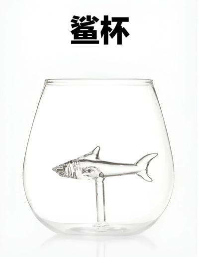 图片展示了一款创意玻璃杯，杯身透明，内部嵌有一个立体鲨鱼模型，鲨鱼呈水平姿态固定在杯底支架上。杯子上方有黑色粗体中文文字“鲨杯”。背景为纯白色，突出产品主体。该设计存在谐音梗：“鲨杯”（shā bēi）发音与中文俚语“傻杯”（shǎ bēi，意为“傻瓜”）相近，具有幽默调侃的效果。