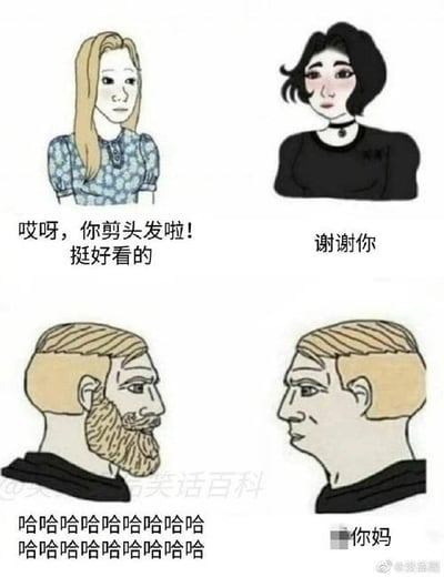 这是一张四格连环图，分为上下两组独立的社交互动场景。上半部分呈现的是两位女性之间的友好交流：左边的金发女性面带温和的表情，对右边刚剪了短发的黑发女性说道“哎呀，你剪头发啦！挺好看的”，黑发女性则带着羞涩的神情回应“谢谢你”，整体氛围温馨礼貌，展现出女性之间细腻温和的社交模式。下半部分则是两位男性的互动：左边留着胡子的男性看到右边没有胡子的男性后，毫无顾忌地大笑不止，配文是一连串的“哈哈哈哈哈哈哈哈哈哈哈哈哈哈哈哈哈哈”，右边的男性则面露不悦，直接爆粗口“你妈”，呈现出男性之间直白粗粝、充满攻击性的社交表达。整张图通过上下两组场景的强烈对比，放大了男女在日常社交沟通方式上的差异，以此制造搞笑效果，调侃不同性别之间的社交模式反差。
