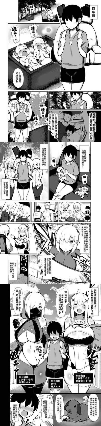 这是一部黑白日式奇幻短篇漫画，讲述了两年前，10岁的少年东云晴树在户外发现被丢弃的精灵婴儿，想起父母“要帮助需要帮助的人”的教导，于是成为了两个精灵的养父。由于精灵的成长速度远快于人类，两个精灵很快长大成人，晴树将她们送去职业训练学校培养独立能力，而精灵凭借自身天赋迅速成长为Lv99的高手——刺客东云琉璃与白魔导士东云莉音。完成任务后，两个精灵依旧极度黏着晴树，提出要带他去爱巢放松，被晴树以“你们是我的养女”为由拒绝。最后剧情提到精灵是近绝种生物，需要尽快繁衍，但晴树无法接受与养女进行这类行为。