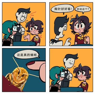 这是一幅四格连环卡通漫画，讲述了餐厅里发生的搞笑误会：第一格，绿发戴眼镜的女生看着紫发女生胸前的黄色蝴蝶状物品，露出欣赏的神情，一旁的服务员手持菜单站在桌边；第二格，绿发女生主动夸赞“胸针好好看！”，紫发女生一脸疑惑地回应“你说这个？”；第三格是特写画面，一只真实的飞蛾被手指指着，配文“这是真的蛾啦”，揭晓了黄色物品的真实身份；第四格回到餐厅场景，绿发女生露出尴尬的表情，紫发女生和服务员则恢复了之前的状态，通过将真实飞蛾误认为胸针的反差，制造出荒诞的搞笑效果。