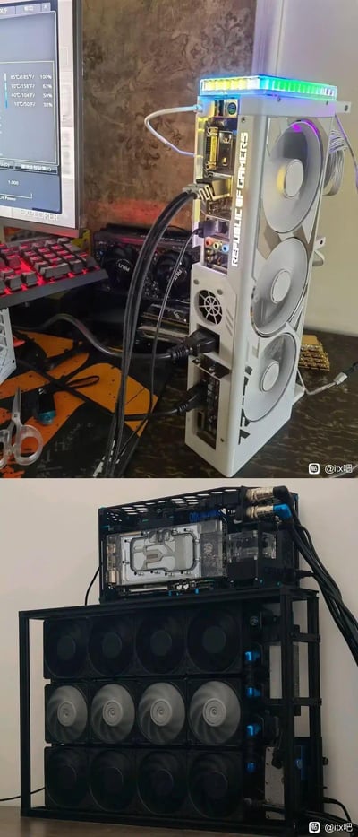这是一组上下对比的电脑硬件DIY实拍图，上图展示了一台竖装的白色定制ITX主机，主板接口朝外，外壳带有ROG（Republic of Gamers）标识，搭配三个白色散热风扇，旁边的显示器显示硬件监控界面，能看到不同温度及对应占比数据，主机连接着供电、视频等线缆；下图则是玩家自制的外置分体水冷散热装置，黑色框架上密集安装了12个散热风扇，上方是搭载水冷头的主板，整套装置是为高性能ITX主机提供超强散热的硬核改装方案，无谐音梗或双关含义。