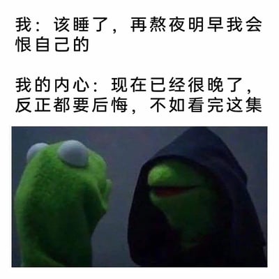 这是一张基于经典梗图模板改编的图文混排静态图，用科米蛙和黑袍邪恶科米蛙对峙的画面，生动展现了当代人熬夜时的内心矛盾：理智的自我清楚熬夜的危害，提醒自己该入睡，担心次日会后悔；而内心的另一个声音却抱着破罐破摔的心态，怂恿自己继续熬夜，这种心理拉扯精准戳中了很多人睡前的真实状态，引发强烈共鸣。